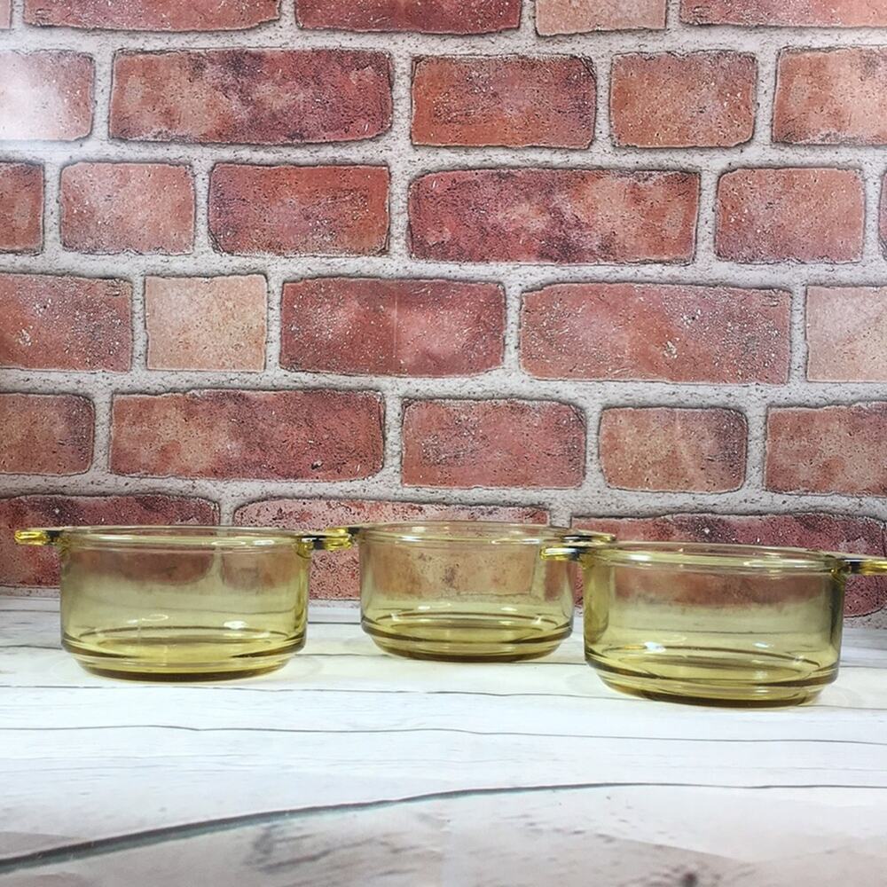 3 Vintage FORTECRISA Bakeware Amber/Yellow Ramekins with Handles Made in Mexico - Picture 2 of 6